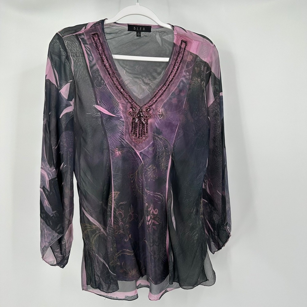 Womens Whimsigoth Ethereal Top Size L Fairy Sheer Overlay Beaded Artsy Romantic